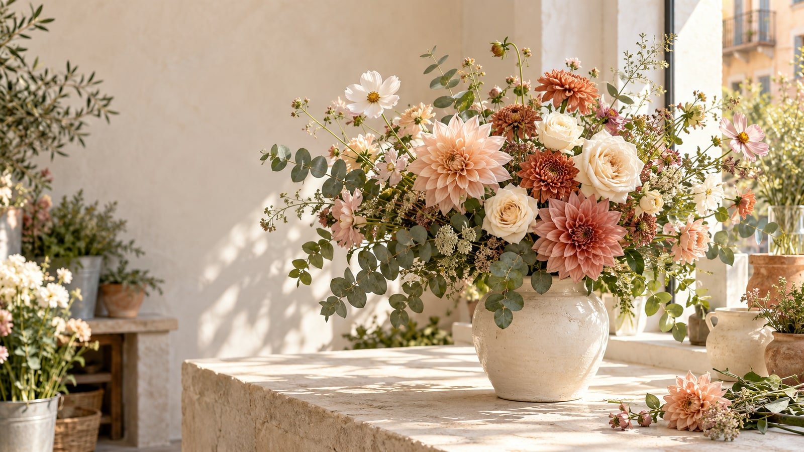 Ramo de flores de temporada en tonos crema, rosa empolvado y verde natural