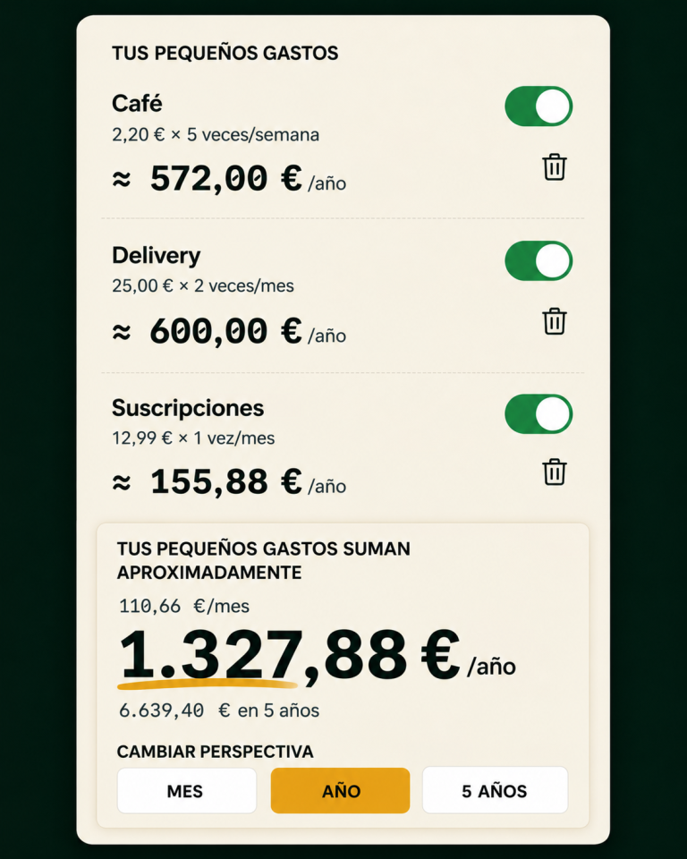 Aplicación ¿Cuánto suman tus pequeños gastos? con tres gastos de ejemplo y resultado anual.