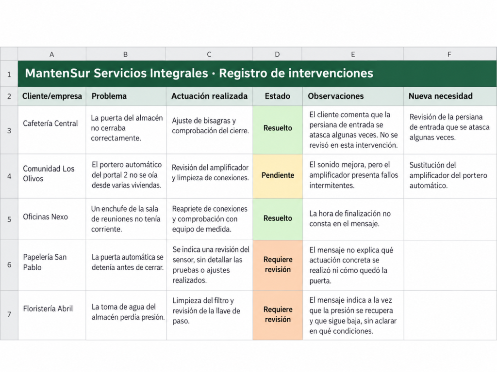 Captura del registro de intervenciones en Excel con ejemplos y estados.